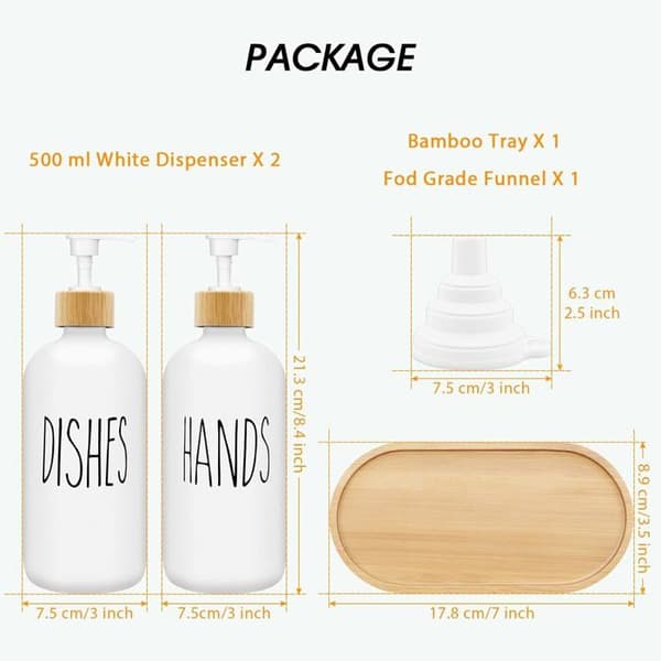 Mat Hvid Sæbedispenser Sæt 500ml Glas Sæbedispenser med Bakke Opvaskemiddel Dispenser (Hvid x 2)