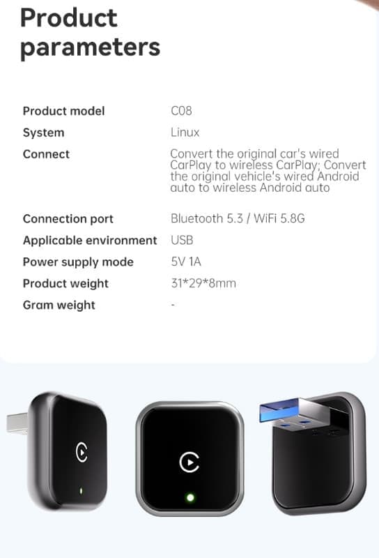2-i-1 Trådløs CarPlay-adapter, Trådløs CarPlay & Android Auto-adapter – Kompakt, Plug-and-play Sort