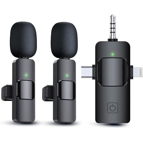 Trådløs Lavalier Mikrofon 3 i 1, Mini Clip On Mikrofon for iPhone Android Kamera med Støyreduksjon