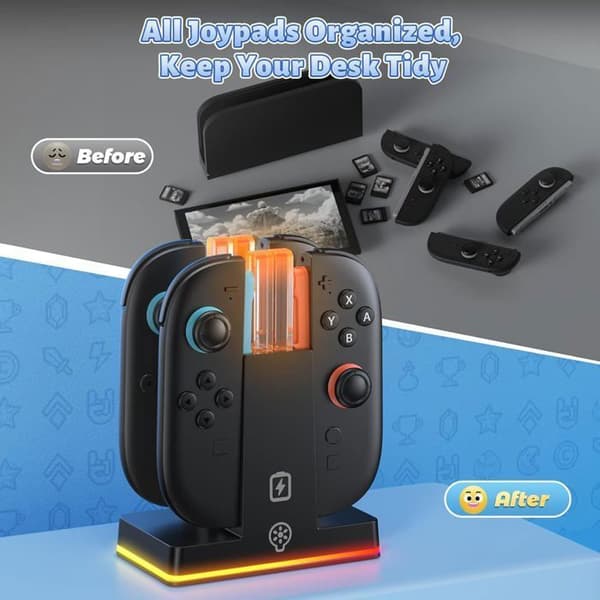 RGB-kontrollerlader kompatibel med Switch, 2FASTSNAIL Ladestasjon for Joycon 2, Tilbehør til Switch 2, 9 moduser
