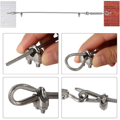 30m rustfri stålkabel – 3mm PVC-belagt med strammere og tilbehør – For klessnorer og lette armaturer