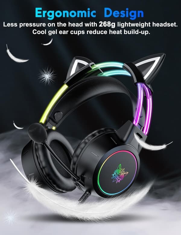 Lett Gaming Headset med Avtakbare Katteører, Gradient RGB-lys, Kablede Over-Ear Hodetelefoner for PC/PS4/PS5/XBOX/Switch, Virtu