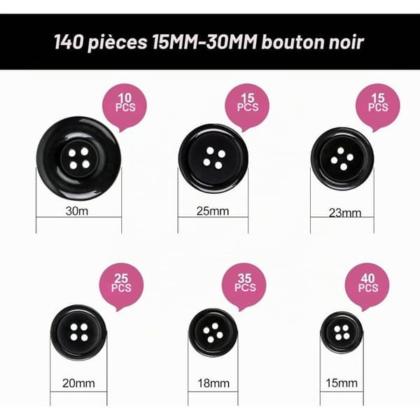 Sæt med 140 store sorte knapper, 15mm-30mm harpiksknapper | Runde knapper med 4 huller med opbevaringsboks til syning