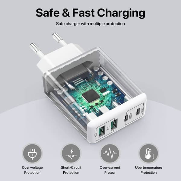40W USB C Hurtiglader, 4-porter USB Multi-lader med PD og QC3.0, USB-C Strømadapter Kompatibel med iPhone osv. White Power: 55W
