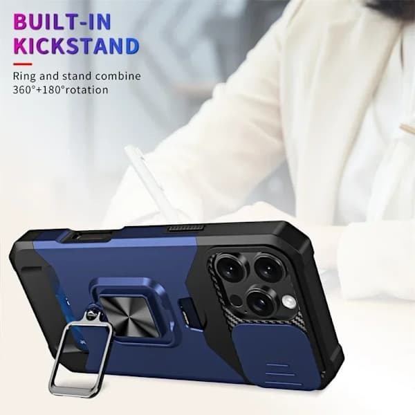 Kortplats Armor Funda för iPhone 16 15 Pro Max Plus Skjutbart Linsskydd Telefonfodral med Magnetisk Hållarring iPhone16Pro iPhone16Pro