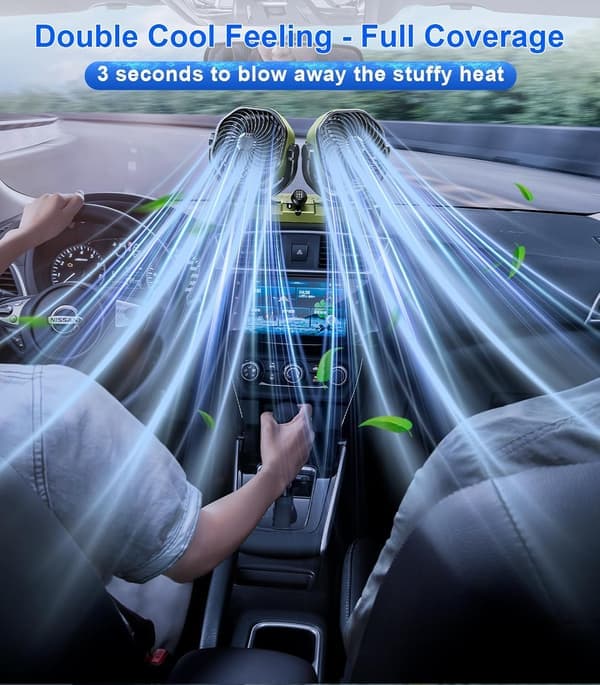 Dobbelt-hovedet køleventilator til køretøjer, USB 5V & 12V/24V instrumentbrætventilator til lastbil, SUV, autocamper og varevogn 5V USB 5V USB