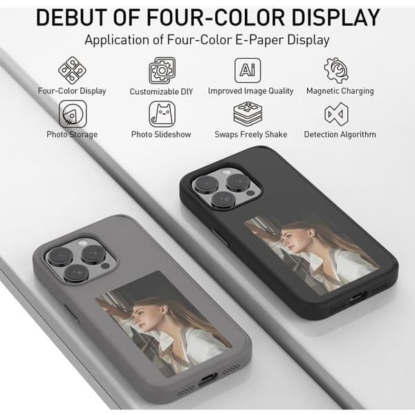 E-Ink-deksel til iPhone 15 Pro Max med smart NFC-skjerm, DIY-tilpassbart deksel for bilder og notater, støtsikker beskyttelse