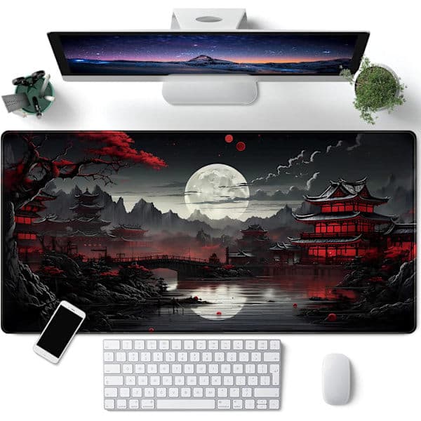 Japansk skrivebordsmåtte Fuld Måne Skrivebordsmåtte Sort Rød 80 x 40 cm Musemåtte Gaming Musemåtte Udvidet Tastaturmåtte Bærbar Com