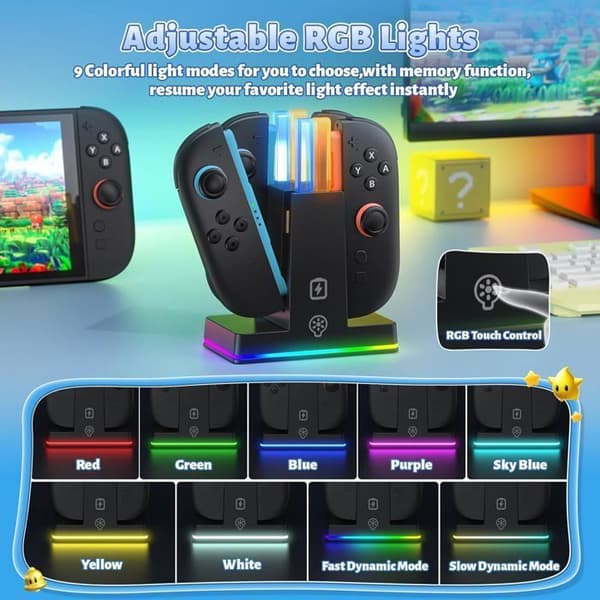 RGB-kontrollerlader kompatibel med Switch, 2FASTSNAIL Ladestasjon for Joycon 2, Tilbehør til Switch 2, 9 moduser