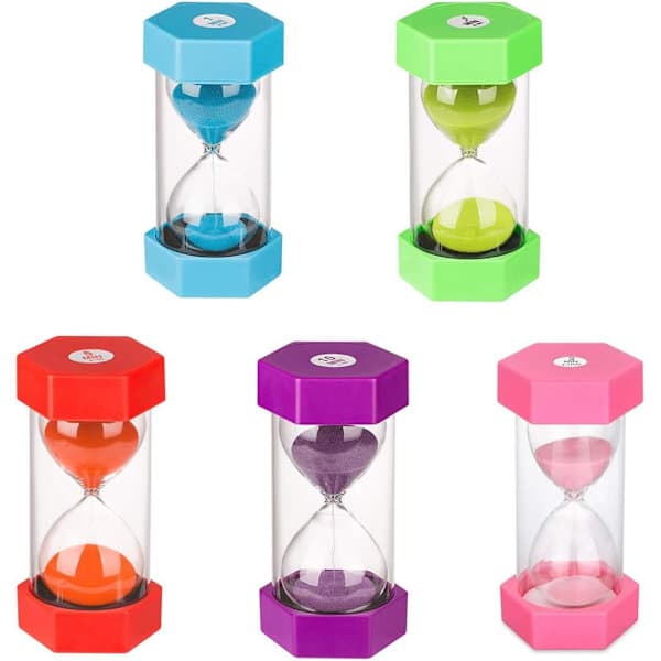 Sett med 5 timeglass for barn, timeglassfunksjon, timeglass