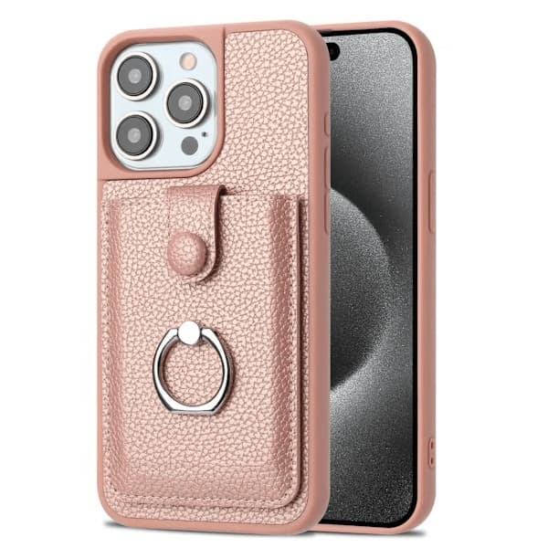 Läderfodral med kortplatser för iPhone 16 15 Pro Max iPhone15 iPhone16 Plus Metallringhållare Plånboksbaksida iPhone16Plus Beige iPhone16Plus