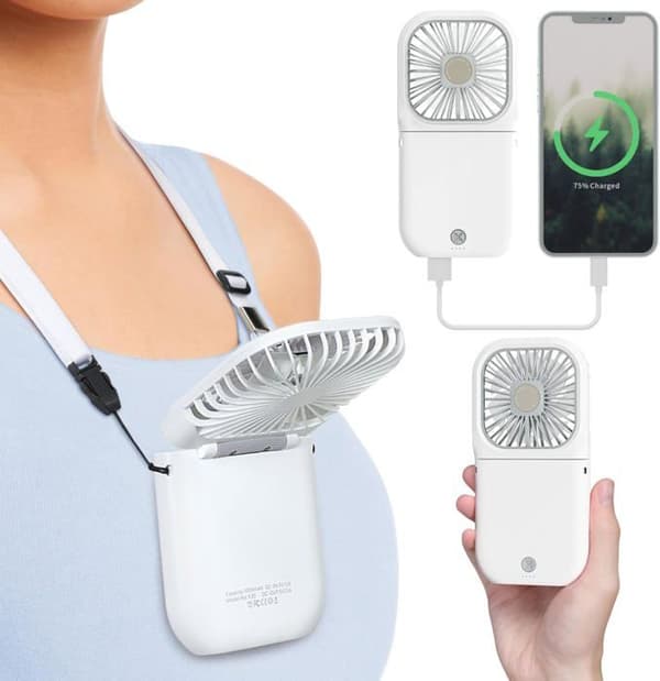 Mini bærbar ventilator - Hvid - Genopladelig - 3 hastigheder - Sammenfoldelig - Håndfri
