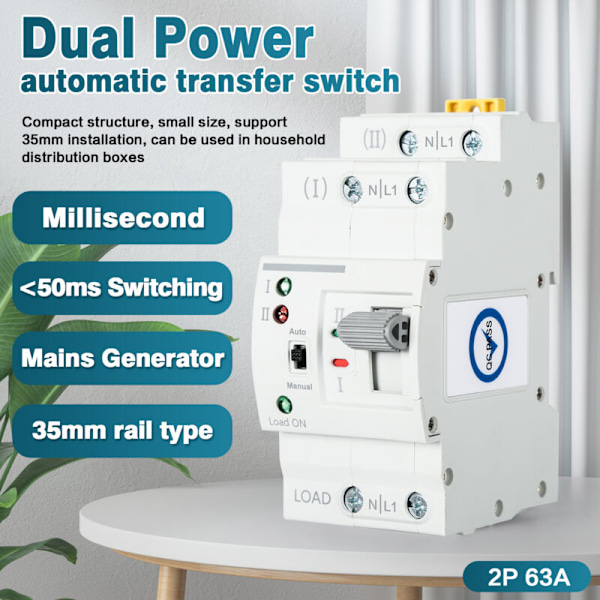 Dubbelströms Automatisk Övergångsströmbrytare G2R DIN-skena 2P 63A ATS Elektriska Väljare 220V