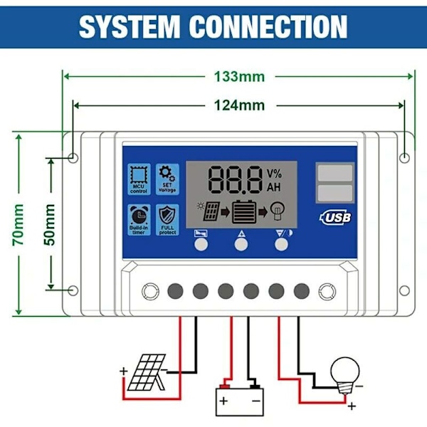 60A/50A/40A/30A/20A/10A 12V 24V Solcellsladdare Styrenhet Auto PWM Styrenhet LCD-Skärm 5V Dubbel USB-Utgångsstyrenhet 1st (10A)