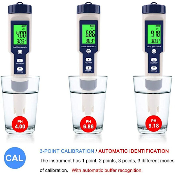 5-i-1 Elektronisk pH-mätare, pH & TDS & EC Salthalt & Temperatur Vattenkvalitetstestare, LCD-display