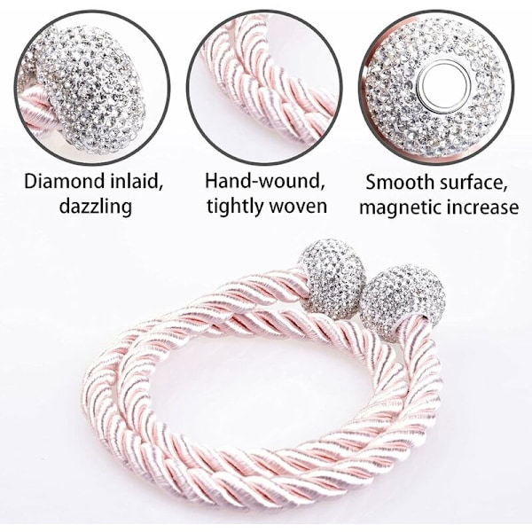 2-pack Diamantbesatta Magnetiska Gardinband Bling Kristall Dekorativa Gardinband Moderna Enkla Stilar Vävda Rep Gardin Hållare för Hem &