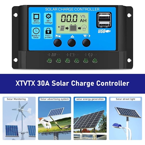 PWM Solpanel Laddningsregulator, 12V/24V, 30A, LCD-Skärm, Dubbla USB-portar