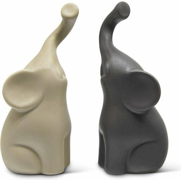 Par av harmoniska elefanter i beige och grå keramik - modern skulptur, par av två oberoende elefanter - dekorativ figurin 16 cm hög