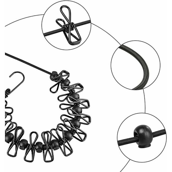 2 st Bärbar Klädstreck, Justerbar Bärbar Resa, Elastisk Invändig Klädrep med 12 Klämmor, Svarta Positioneringsöglor