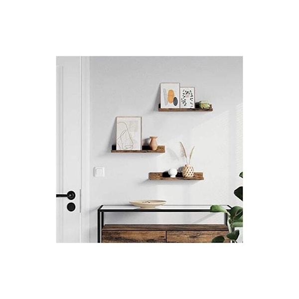Flytande Hyllor, Set om 3 Träväggshyllor, Längd 38cm, med Framkant, för Prydnadsföremål, Kryddburkar, Inramade Bilder, Rustik Brun LWS037x01