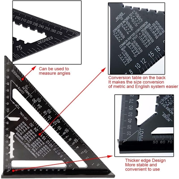 BCC 17cm Triangelformad Vinkelmätare Aluminiumlegering Snickarens Vinkelmätare Metrisk Triangel Professionell Träbearbetningsvinkel Linjal Triangulär Linjal med Vinkelmätare M
