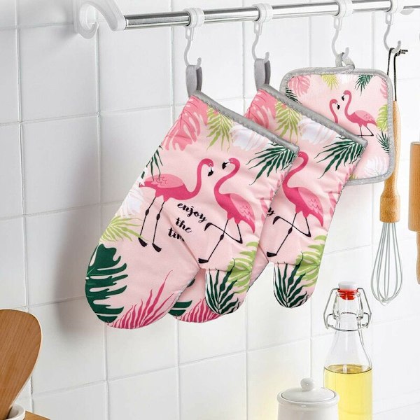 Värmebeständiga Handskar, Ugnsvantar och Grytlappar, Bomull, för Bakning och Grillning (Flamingo)