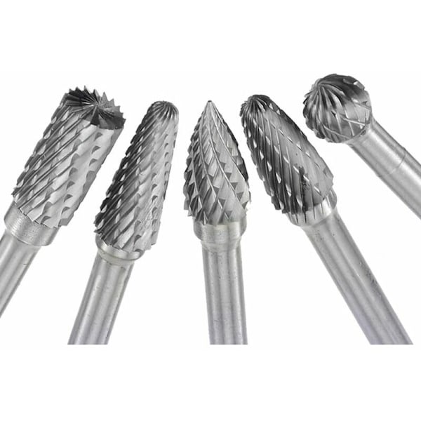 5-pack 6 mm skaft Wolframkarbidfräsar Set 10 mm huvud Dubbelskär Wolframkarbid Rotationsfräs Set för trä Metall Polering Keramik Gravyr