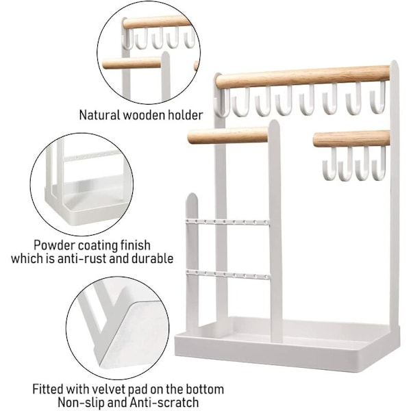 Smyckeställ, Halsband Displaybricka, Trä- och Metall Smyckeställ med Krokar för Armband, Ringar, Klockor (Vit)