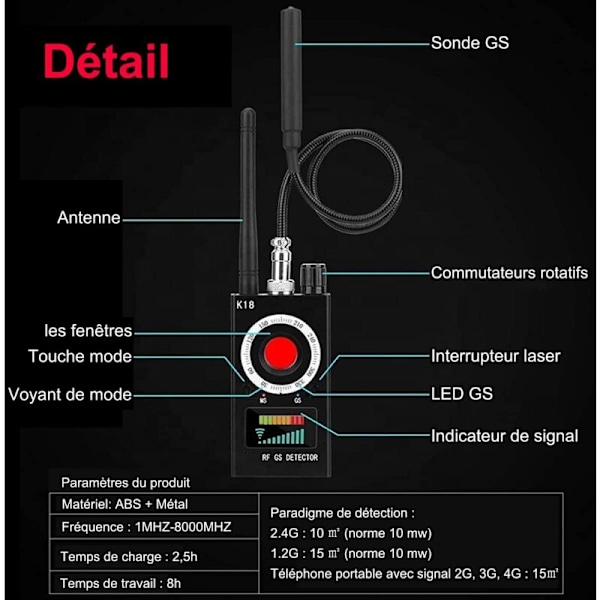 Anti-spionage Bug Detector, Trådlös RF-Detector för Dolda Kameror, GSM-Lyssningsenhetsfinnare Radar Radio Skanner Trådlöst Signalalarm, Uppgraderad Version