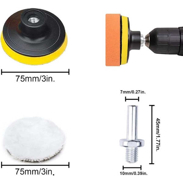 25-dels Bilpoleringsset, 75 mm Poleringsdisk Svamp, Borrpoleringstillbehör, Slipningsborste, Poleringsdyna med M10-adapter