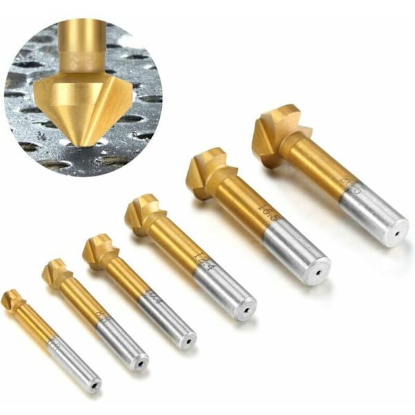 Borrbitssats 6 st 90° HSS Borrbitssats Countersink Titan Konisk Cylindrisk Tre-Skärande Skruvverktyg Lämplig för DIY