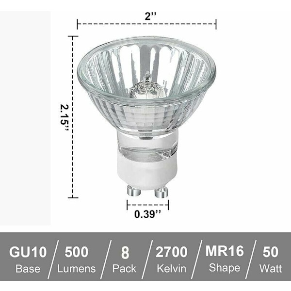 GU10 Halogenlampa, 50W 230V Dimbar Gu10-lampa, 500lm Varmvit 2700K, för Skåpsbelysning, Displaybelysning (8 stycken)