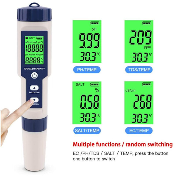 5-i-1 Elektronisk pH-mätare, pH & TDS & EC Salthalt & Temperatur Vattenkvalitetstestare, LCD-display