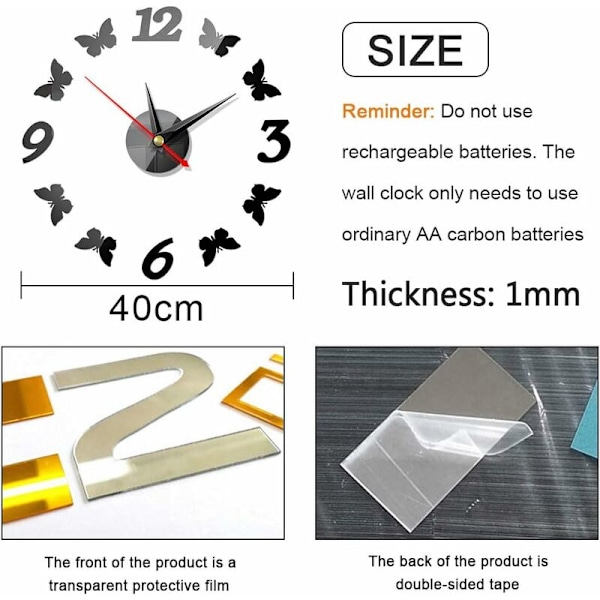 Fjärilsväggklocka, Modern Tyst Akryl Klocka, Fjärilsväggdekaler DIY 3D Kreativ Väggklocka, Hem Studie Kontors Dekoration (2 st)