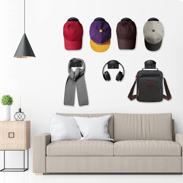 Set med 12 självhäftande hattkrokar, väggmonterade, utan borrning, hattarrangör, dörr, garderob, sovrum, baseballkeps, kraftfull fast hattställ, 12 stycken (svart)