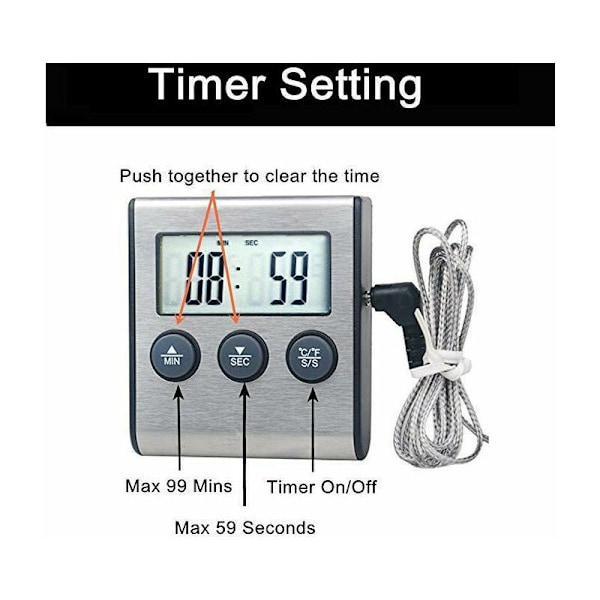Stor LCD Digital Kökstermometer Lång Sond för Grill Ugn Kött Matlagning Temperatur Alarm Timer Verktyg