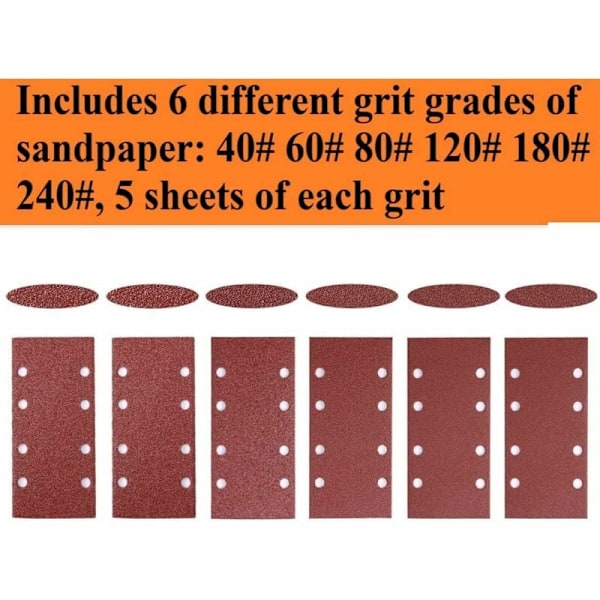 30 Slippapper, 40/60/80/120/180/240 Korn, Haken- och Slinga-Slipmaskiner 8 Hål Rektangulär Slipmaskin Passar (18,5 x 9,3 cm)