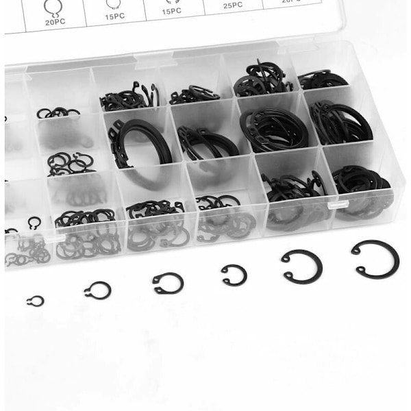 300 st E-Clips Snap Ring Sortiment Svart Circlip Kit Extern Hållring Sortiment 2mm till 32mm