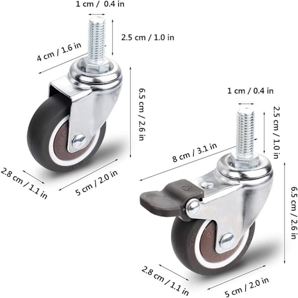 Möbelrullar, 2 stycken svängbara rullar med broms + 2 stycken svängbara rullar utan broms, M10x25mm Universal Möbelrullar, Belastningskapacitet 30 kg