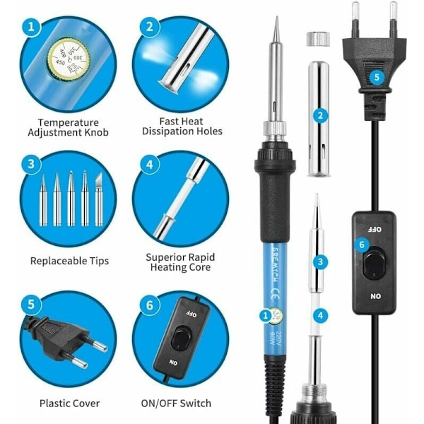 Lödkolv [Uppgraderad] Precisions Lödkolv med På/Av-knapp, Justerbar Temperatur 200-450℃, 9-i-1-kit, 5 Lödspetsar, Lödning