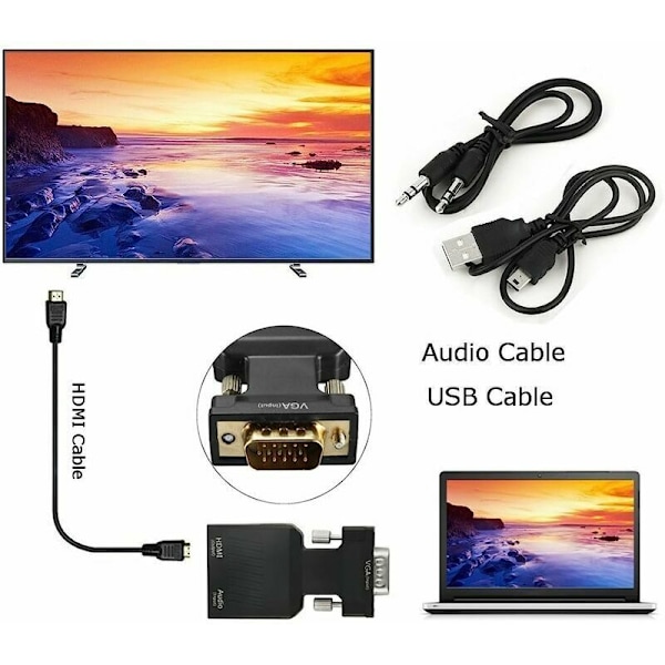 VGA till HDMI-adapter 1080P VGA hane till HDMI hona konverterare med ljudkabel och USB-laddningskabel för PC HDTC bärbar dator bildskärm projektor - Svart