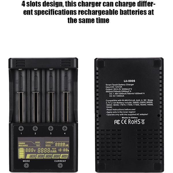 LiitoKala Lii-500S 4-fack LCD-batteriladdare för Lipo Ni MH 18650/26650/14500/Aa AAA (EU)