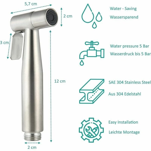 Bidet-set med handdusch - Spraydusch för hand - Toalettduschhuvud med slang + rostfritt stål fäste + 2 tätningar