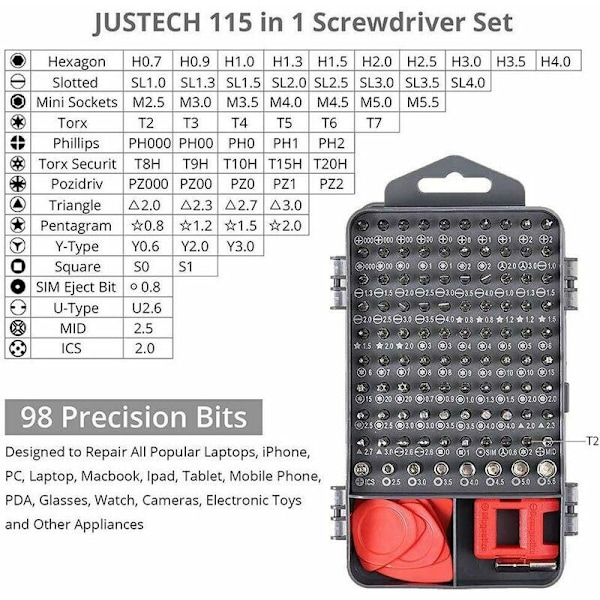 Skruvmejselset, 115 i 1 Precision Mekaniker Verktygssats, Precision Skruvmejselset Reparationsverktygssats för Elektronik, Telefon, Laptop