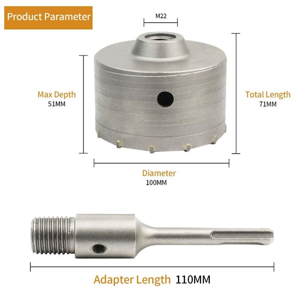 Hål såg för betong med 110 mm SDS Plus adapter, för tegel betong cement sten (100 mm + 110 mm SDS Plus adapter)