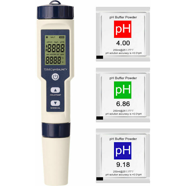 Professionell 5-i-1 Multiparameter Combo Tester PH/EC/TDS/Salinitet/Termometer Digital Multifunktionell Testare Vattenkvalitetstestare