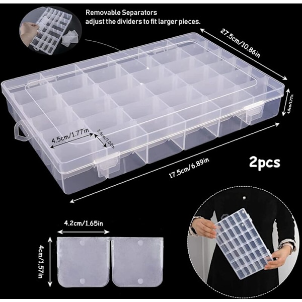 2-pack 36-fack Förvaringslåda i Plast med Justerbara Fack och Etikett för Smycken, Pärlor och Andra Små Saker