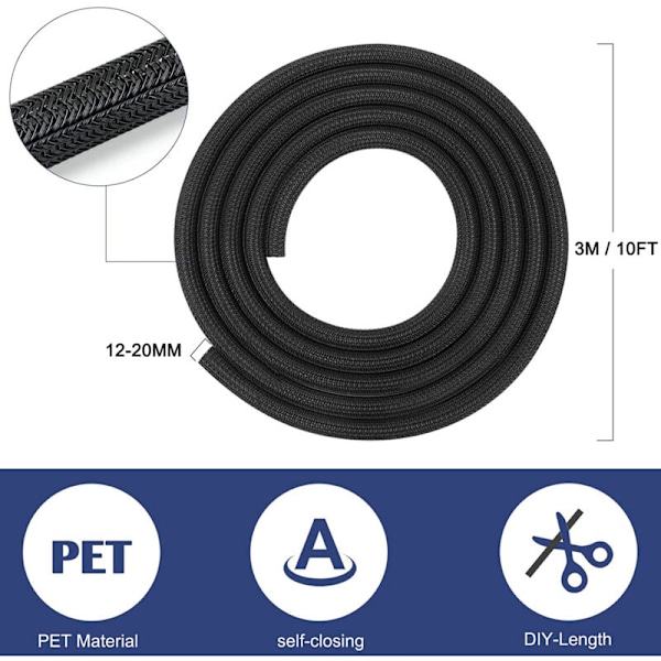 Justerbar Kabelskyddshölje, 12 mm-6 m Kabelhantering Flätad Husdjurskabelhanteringsskydd för TV PC USB - Vit LITZEE