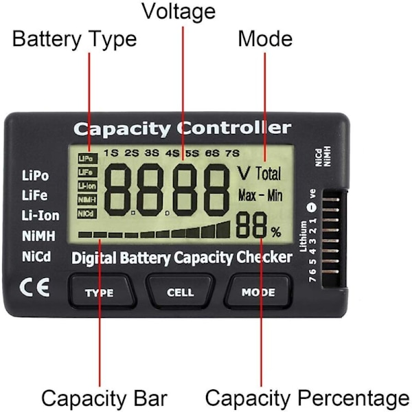 Digital Batterikapacitets- och Spänningsmätare med LCD-Skärm för LiPo, Li-ion NiMH Batterilivslängd