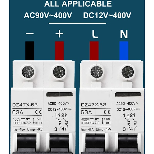 63A 400V AC DC Miniatyrbrytare, 2P 4KA Brytningskapacitet, Flamskyddad Brytare Lämplig för Solpanel PV-system, 35mm DIN-skena